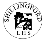 A circular logo with "SHILLINGFORD" at the top and "LHS" at the bottom. Inside the circle is an illustration of trees, a river, a house, a bat, and flowers.